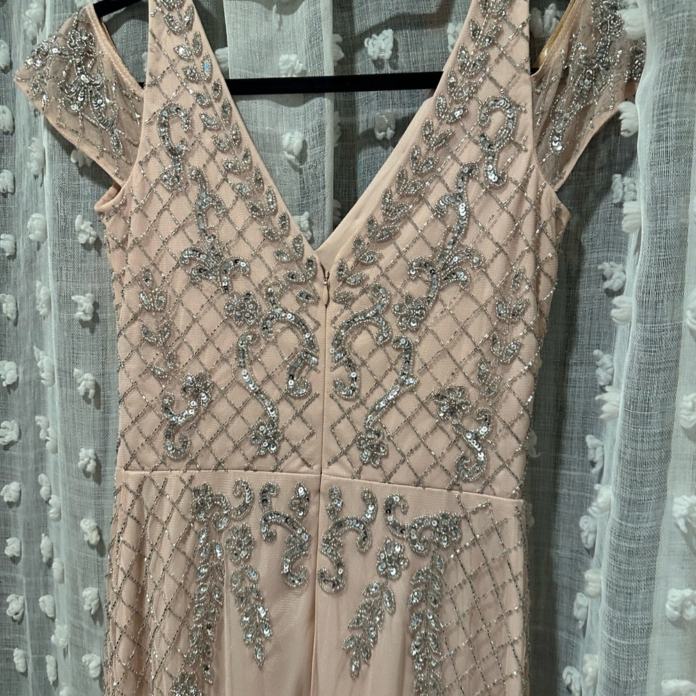 Adrianna Papell Sequin Gown Tan Pink V-Neck